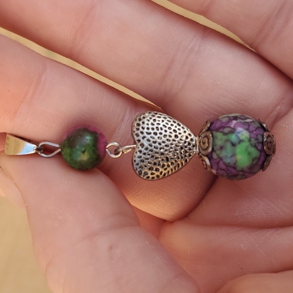 New Rainbow Jasper & Ruby In Fuchsite Ball Silver Heart Pendant. - Picture 5 of 12